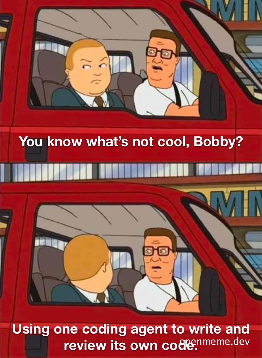 Three-panel King of the Hill-style meme in a red van: a man in glasses tells a scowling man in a suit, 'You know what's not