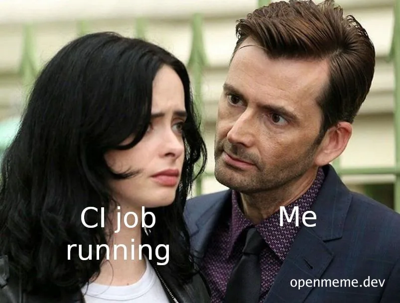 A man and woman looking at each other with concern, labeled 'Me' and 'CI job running'