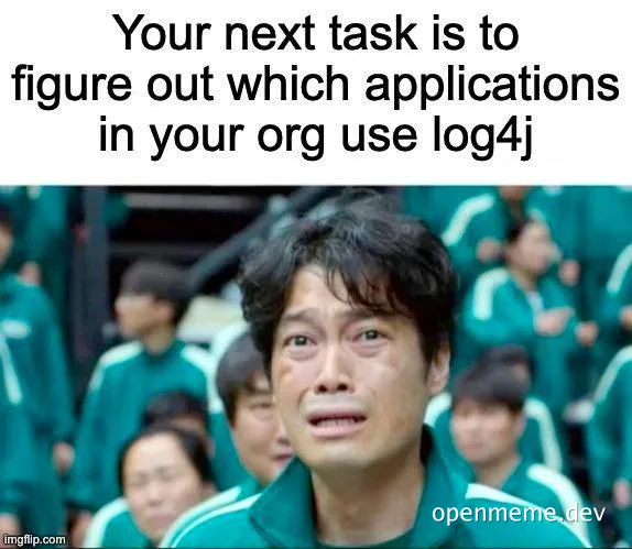 squid game green track suit team looking concerned with text 'Your next task is to figure out which applications in your org use log4j'