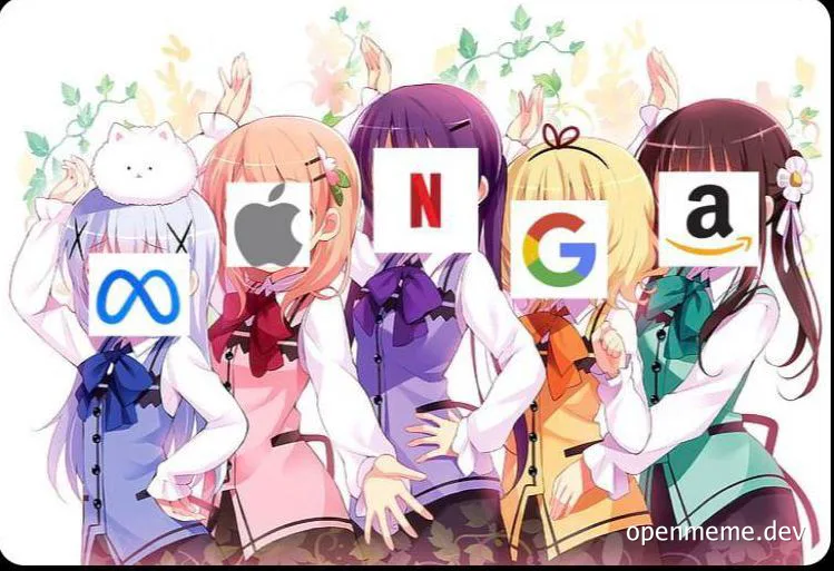 Anime girls with logos of Meta, Apple, Netflix, Google, and Amazon covering their faces