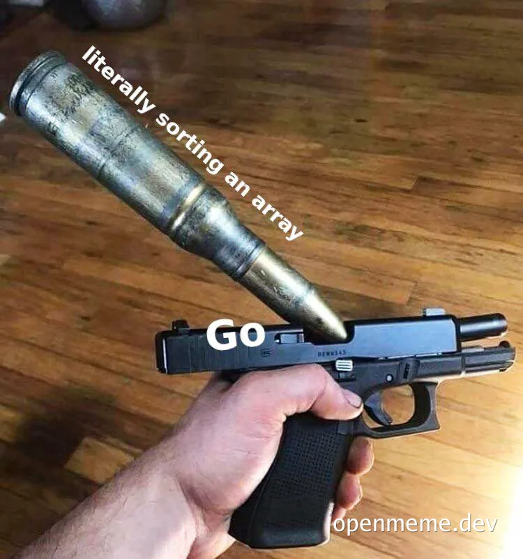 hand holding a gun with a bullet labeled literally sorting an array and the gun labeled Go