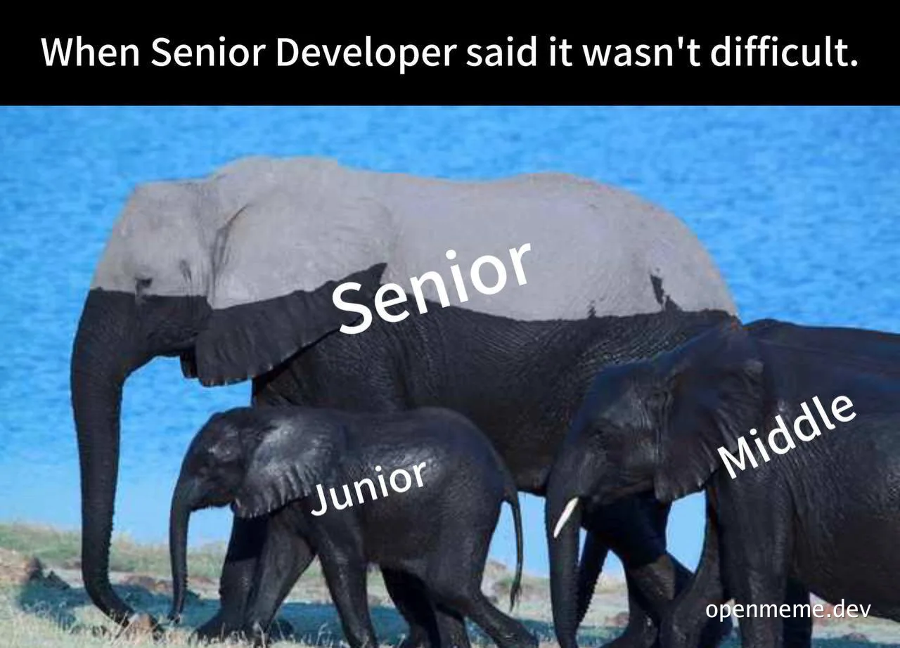 Elephant family with senior, middle, and junior labels, representing developer experience levels