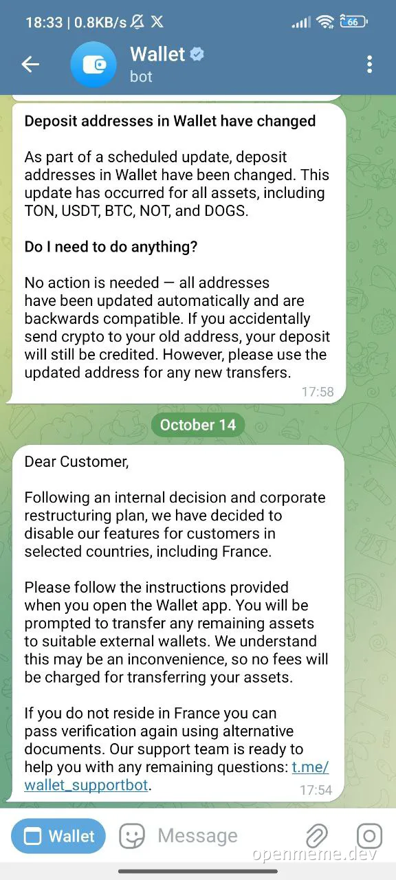 crypto wallet support bot screenshot with contradictory messages