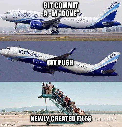 Three-panel meme with IndiGo planes showing git commit as a smooth landing, git push as a steep takeoff, and newly created files as people tumbling down stairs.