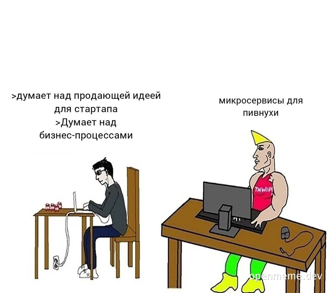 cartoon of two developers with one thinking at a desk and another with a muscular build and thwip shirt on, working on microservices for a bar