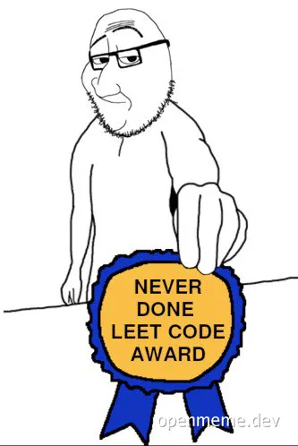 Cartoon man receiving a 'NEVER DONE LEET CODE AWARD' badge