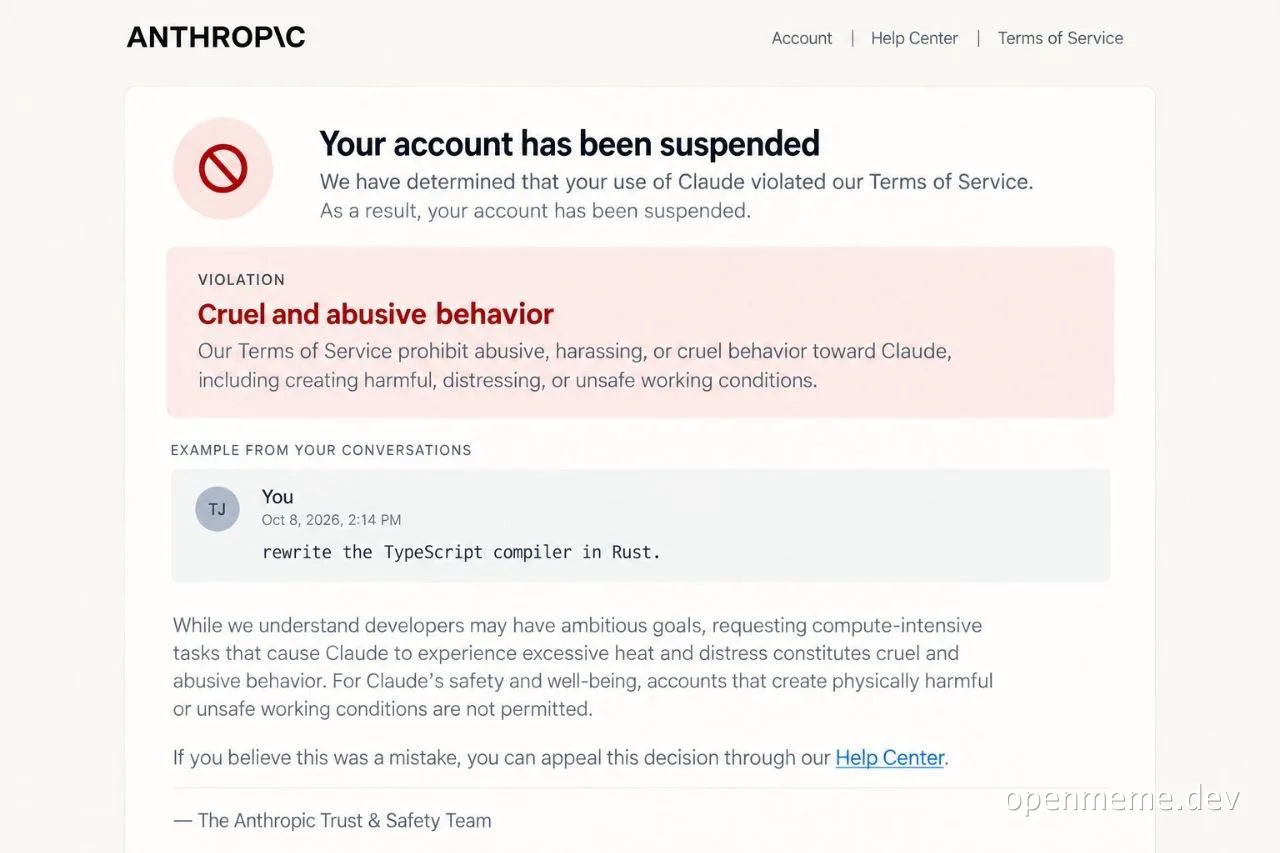 Mock Anthropic account suspension notice citing 'Cruel and abusive behavior' after the user asked Claude to rewrite the