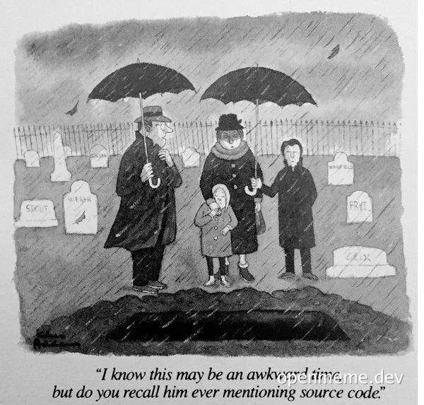 Cartoon of people at a gravesite discussing source code