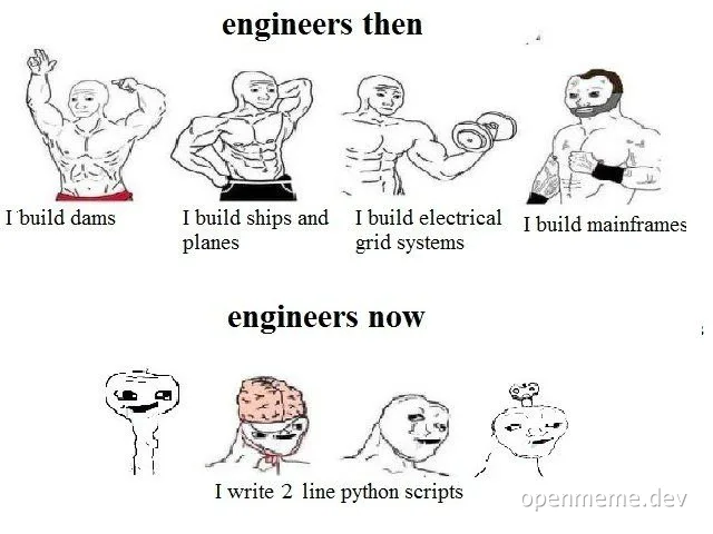 Engineers then and now meme comparing past engineering achievements to current simple coding tasks