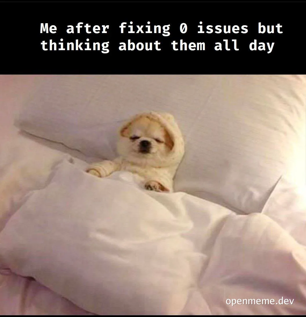 A small dog in a blanket looking stressed in bed with the caption 'Me after fixing 0 issues but thinking about them all day'
