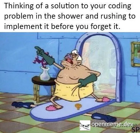 SpongeBob SquarePants character rushing to implement coding solution
