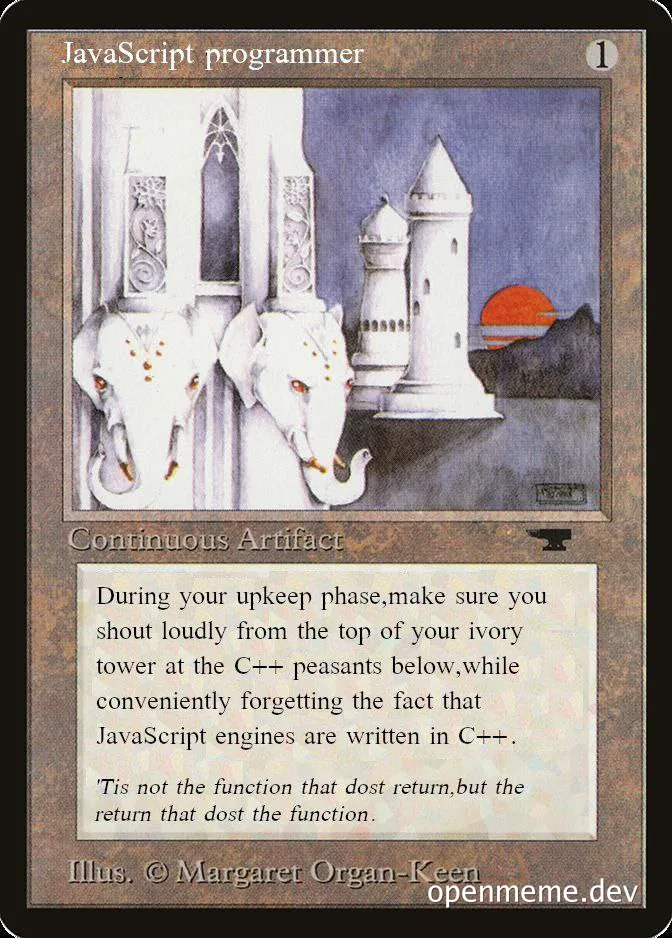 Magic: The Gathering-style card depicting an ivory tower with elephant heads, labeled 'JavaScript programmer'