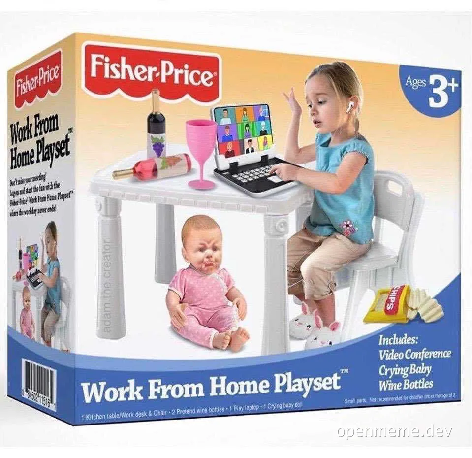 Fisher-Price Work From Home Playset box with a girl on a video call and a crying baby doll