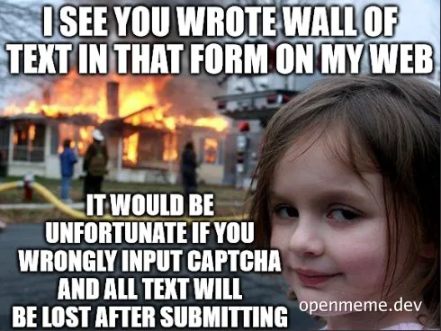 Smiling girl in front of a burning house with text about losing form data