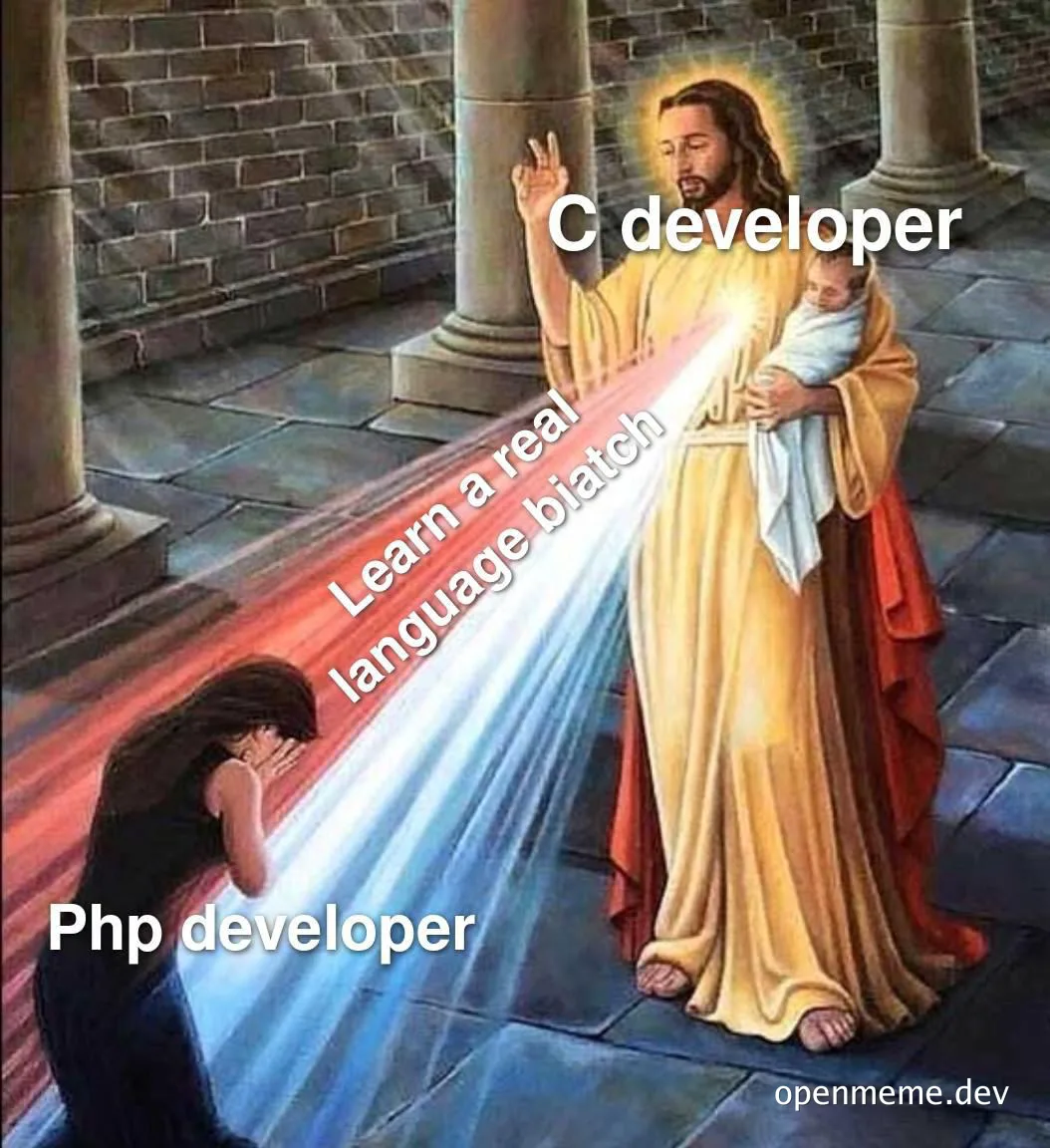 jesus christ with a halo blessing a php developer with a beam of light labeled 'learn a real language biatch' while a c developer looks on