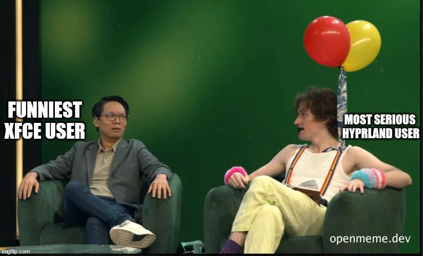 Two men sitting on green chairs with humorous labels comparing XFCE and Hyprland users