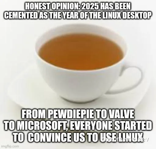 a meme image of a cup of tea with text overlay