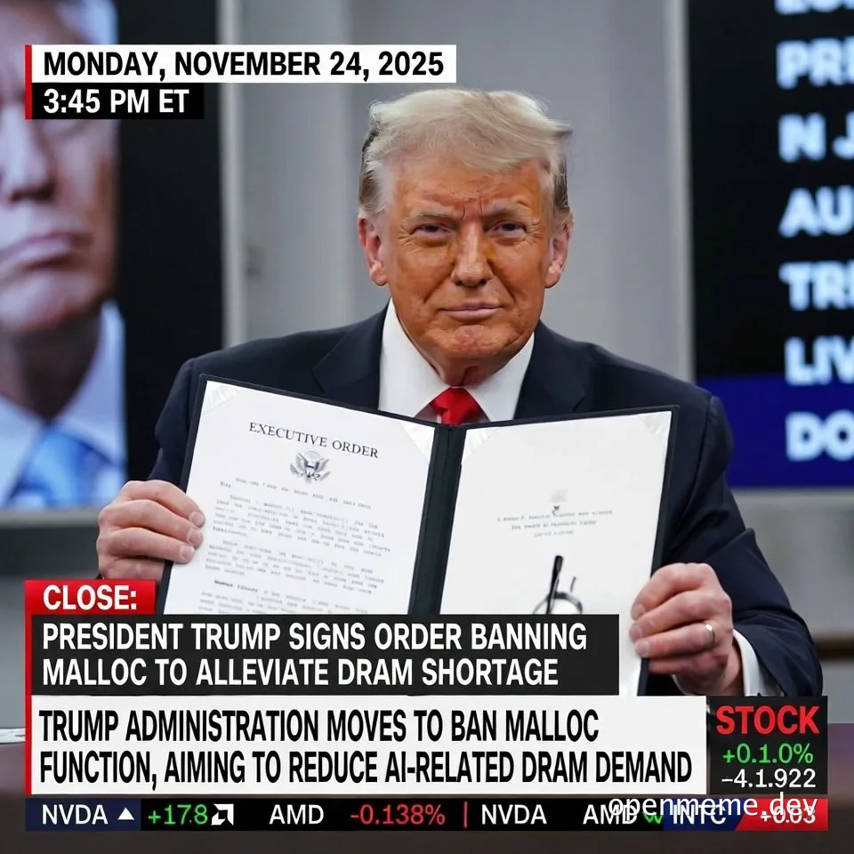 Donald Trump holding an executive order banning malloc to alleviate DRAM shortage