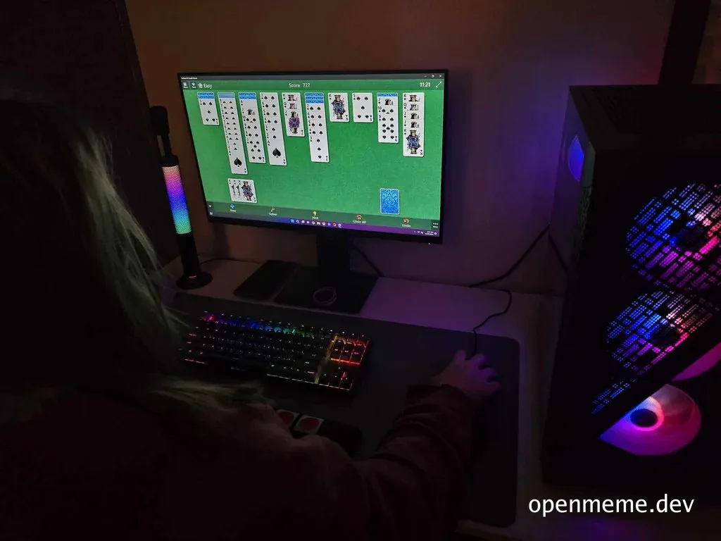 person playing solitaire on computer at night
