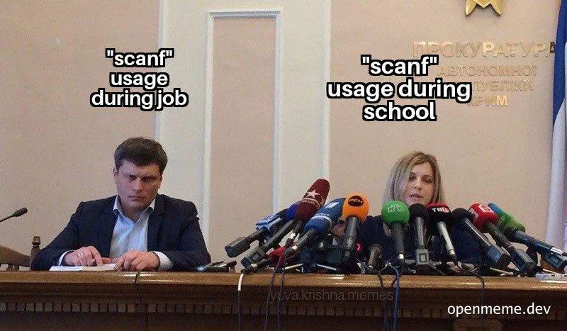 man and woman sitting at a desk with multiple microphones in front of them, labeled scanf usage during job and scanf usage during school