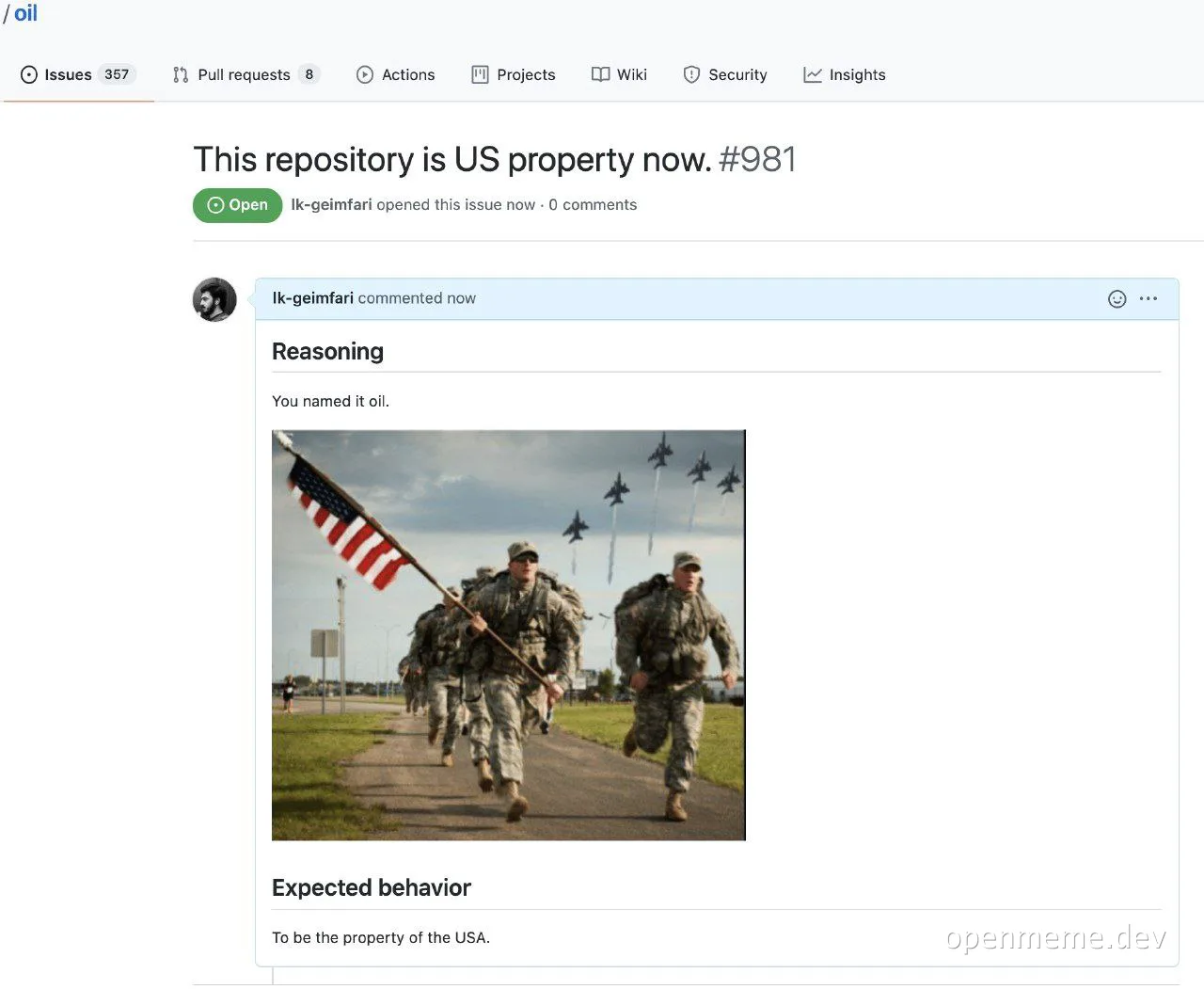 US military soldiers running with American flag with jets in background