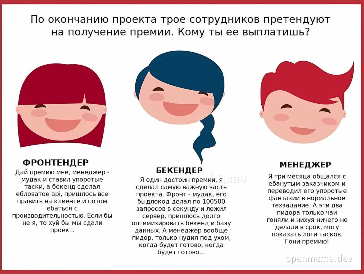 Cartoon comic with three smiling characters labeled Frontend, Backend and Manager, each writing a crude argument for why