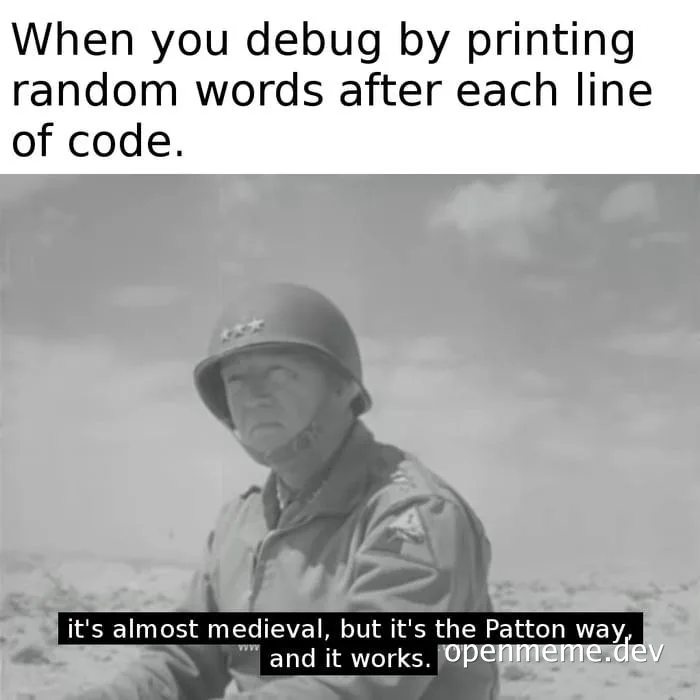 a soldier in a helmet with a caption about debugging code