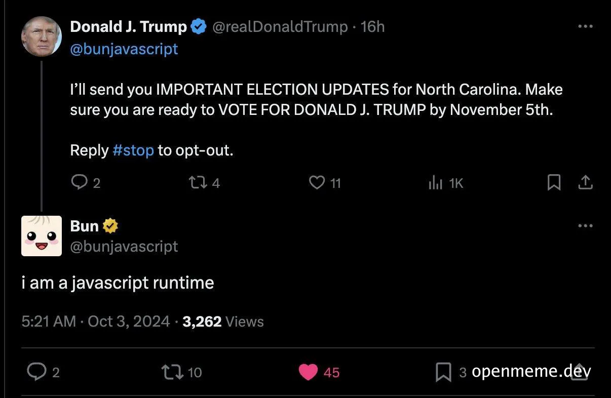Donald Trump tweet parody with Bun JavaScript runtime response