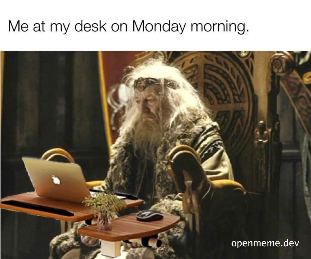 Gandalf sitting at a desk with a laptop looking tired