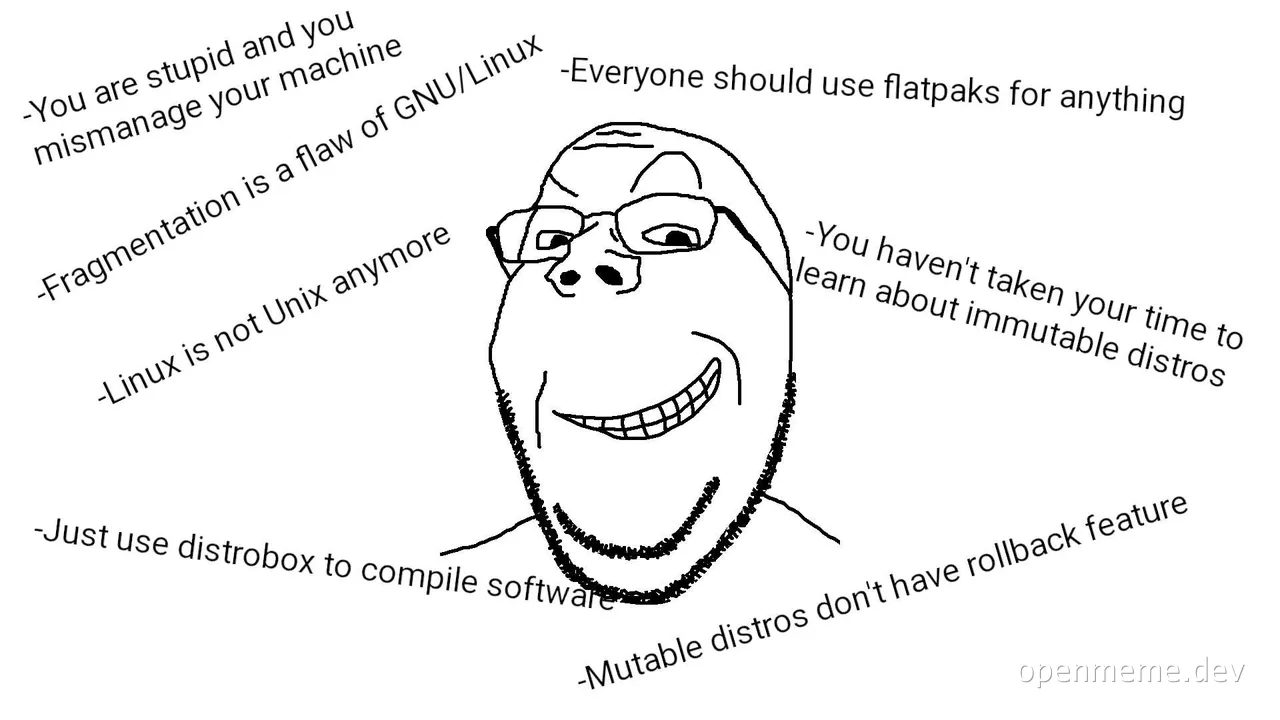 a cartoon drawing of a man with a smug expression surrounded by text about linux distros