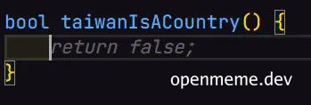 Code editor showing a function named taiwanIsACountry returning false