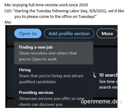LinkedIn profile screenshot with 'Open to' and 'Add profile section' buttons