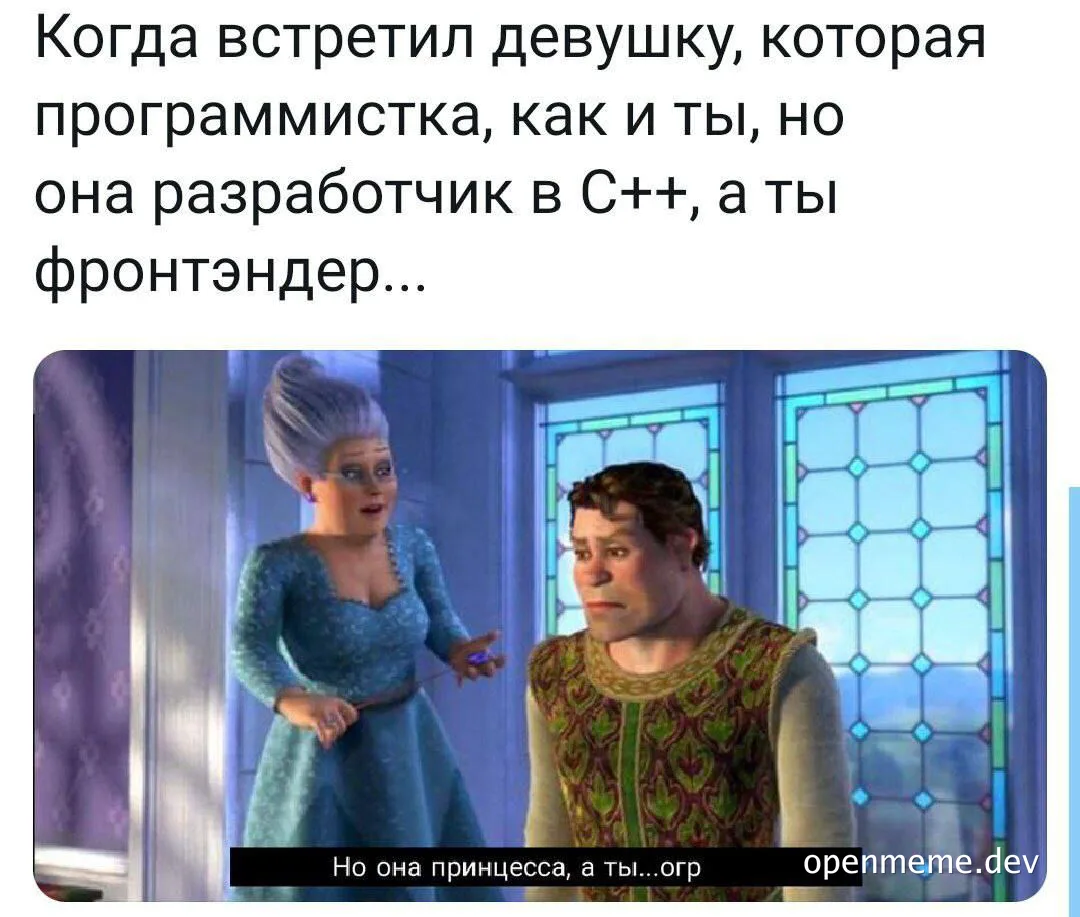 Shrek meme about a frontend developer meeting a C++ developer