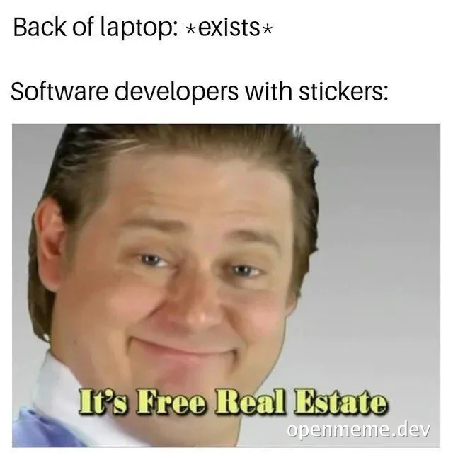 Smiling man with text 'It's Free Real Estate' and laptop sticker humor