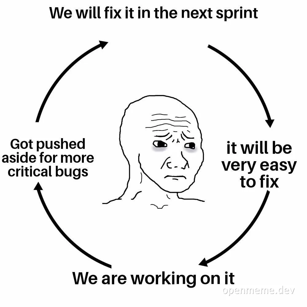 Sad stick-figure face in the center of a circular arrow diagram labeled with the recurring developer cycle: 'We will fix it