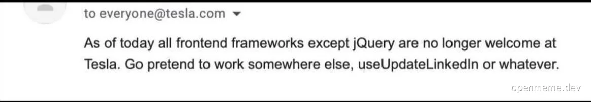 Email announcement about jQuery only frontend policy at Tesla