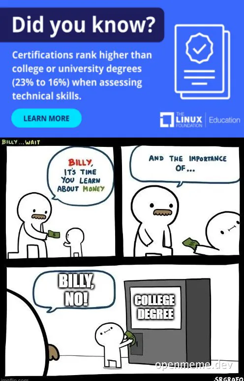 A comic strip meme comparing the value of certifications versus college degrees in assessing technical skills