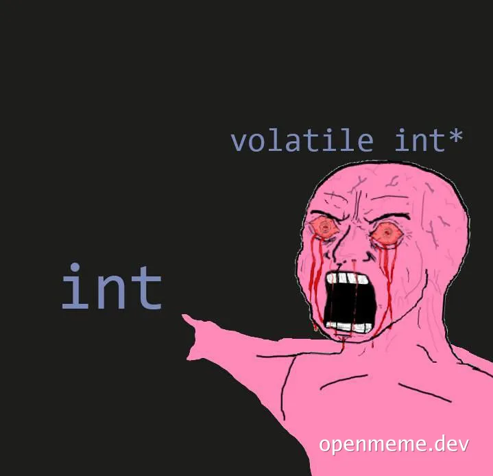 angry pink character pointing at int with volatile int* above