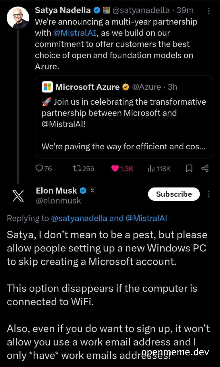 Elon Musk comments on Satya Nadella tweet about Microsoft Azure partnership with Mistral AI
