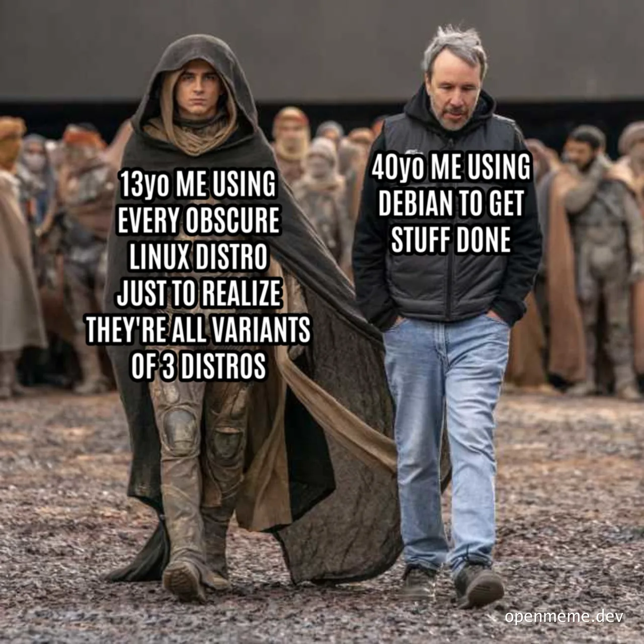 Humorous meme depicting a younger and older version of a person using different Linux distributions