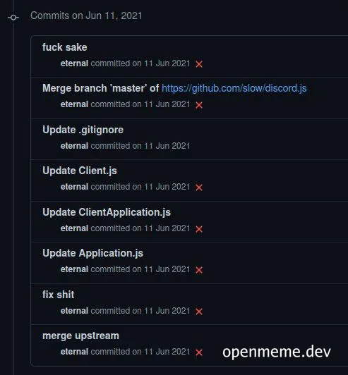 Git commit history with humorous comments