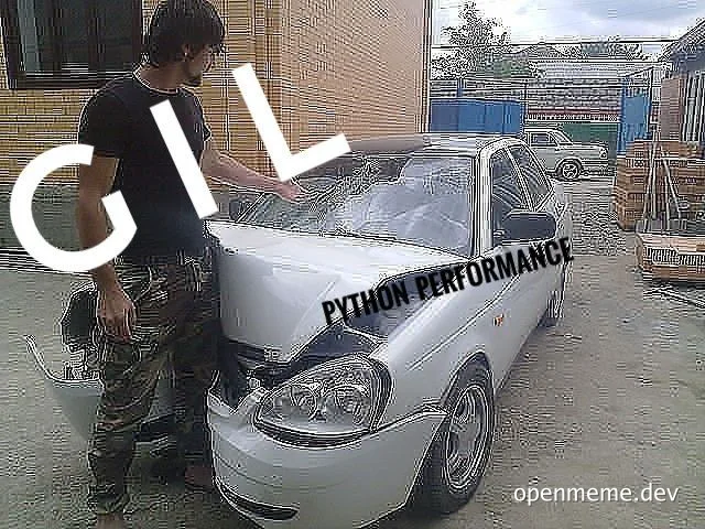 man standing next to crashed white car with GIL and PYTHON PERFORMANCE text