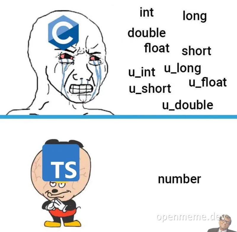 Crying programmer meme with C logo and relieved cartoon character with TypeScript logo