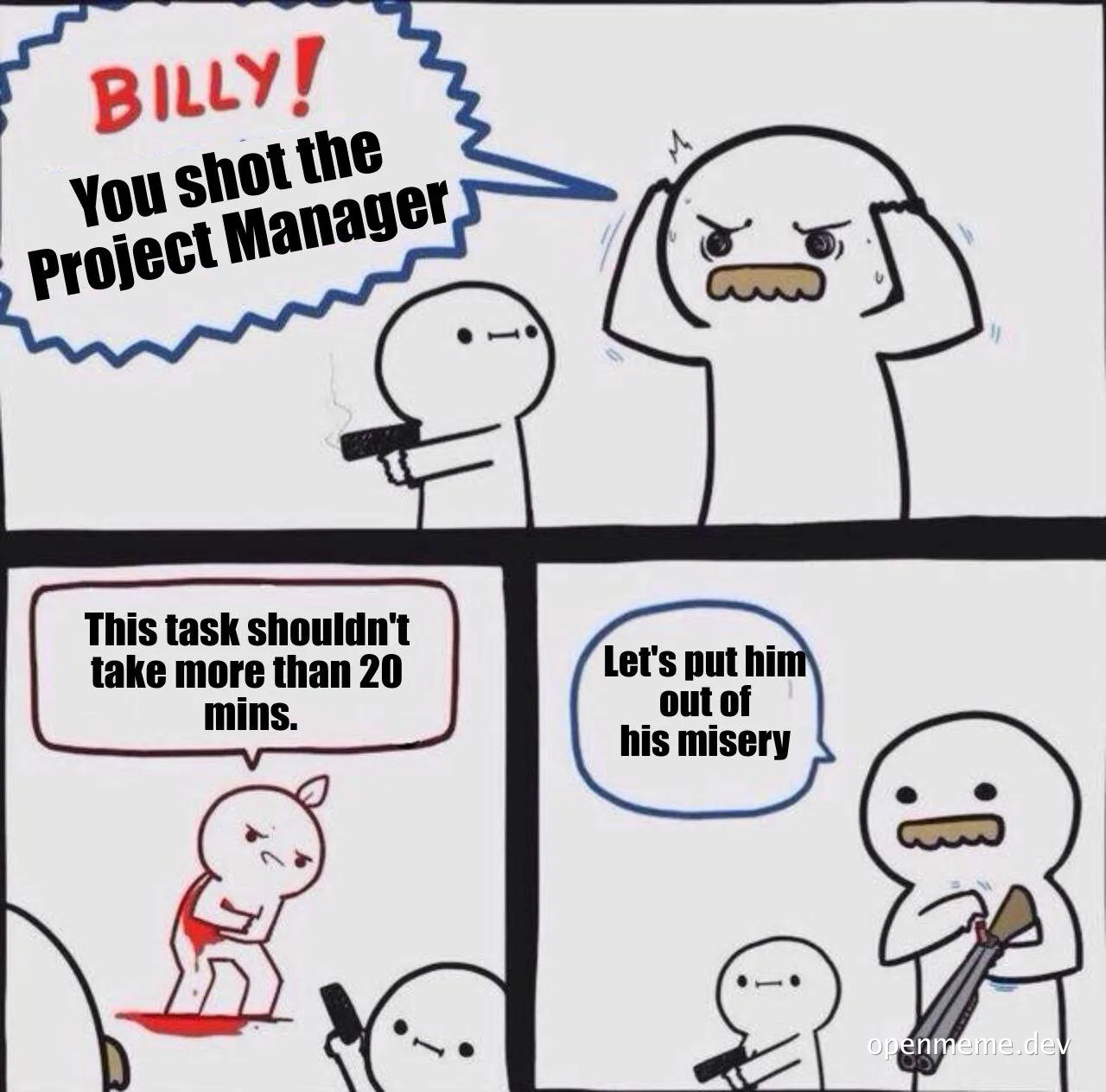 Cartoon stick figures reacting to a project management task gone wrong