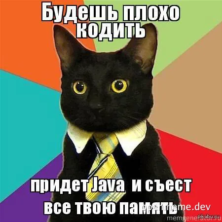 Black cat in a tie with a serious expression on a colorful background with a warning about Java