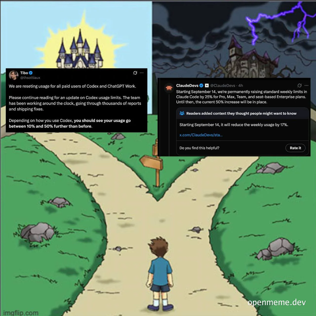 Two-roads meme: a boy at a crossroads, sunny castle path labeled with an OpenAI Codex usage-reset tweet, stormy castle path labeled with a ClaudeDevs tweet whose added context reveals a 17% usage cut