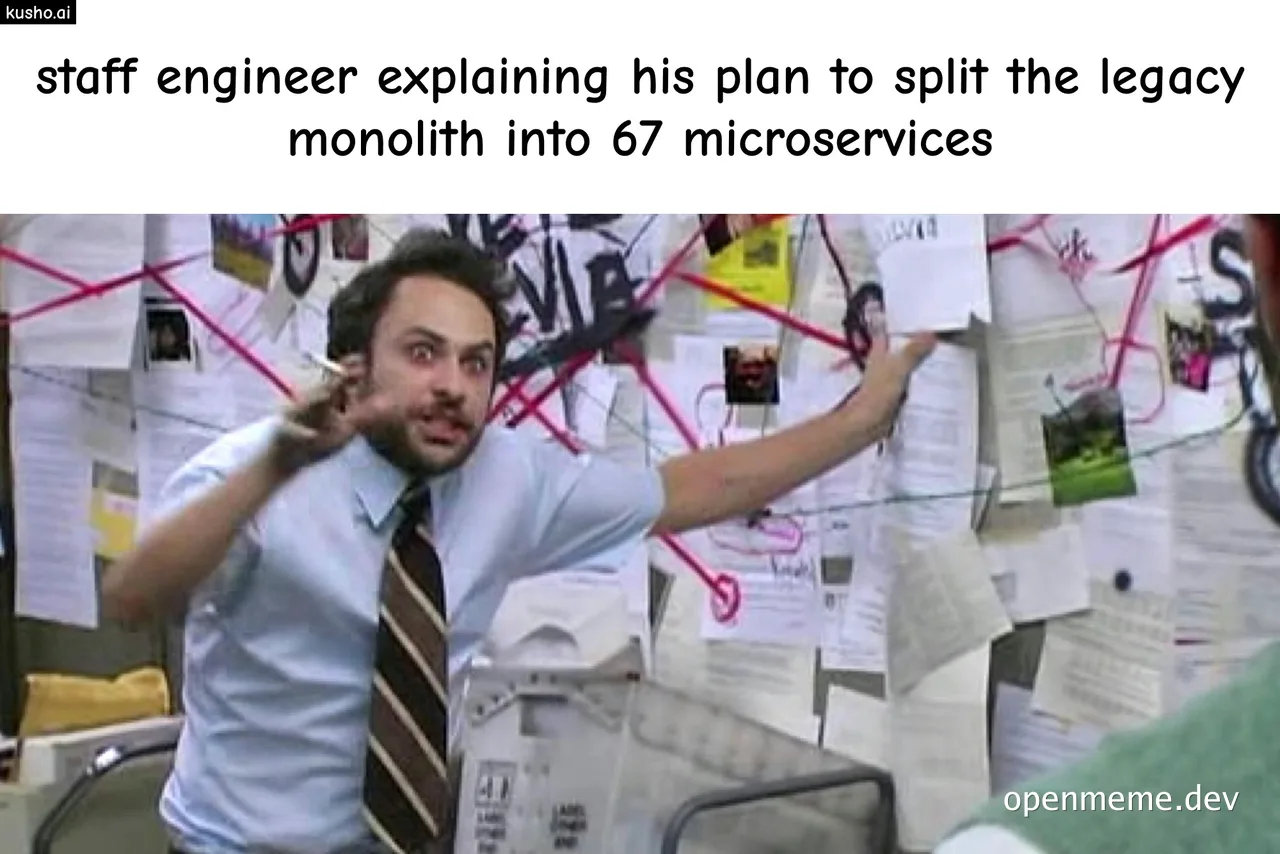 staff engineer explaining plan to split legacy monolith into 67 microservices