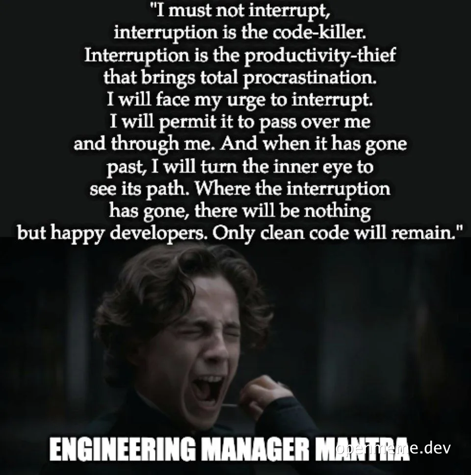 Engineering manager mantra meme with a still from a movie