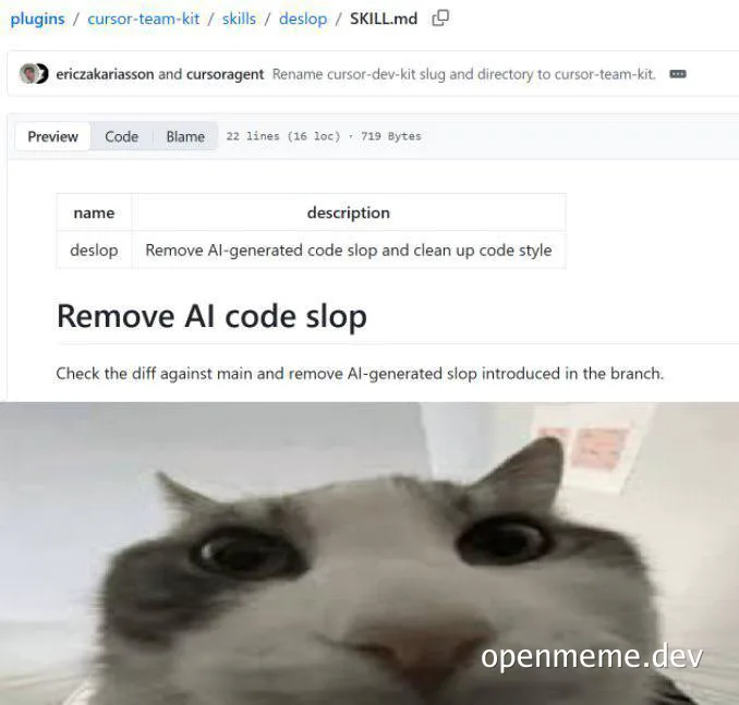 Close-up of a skeptical-looking cat with the text 'Remove AI code slop'