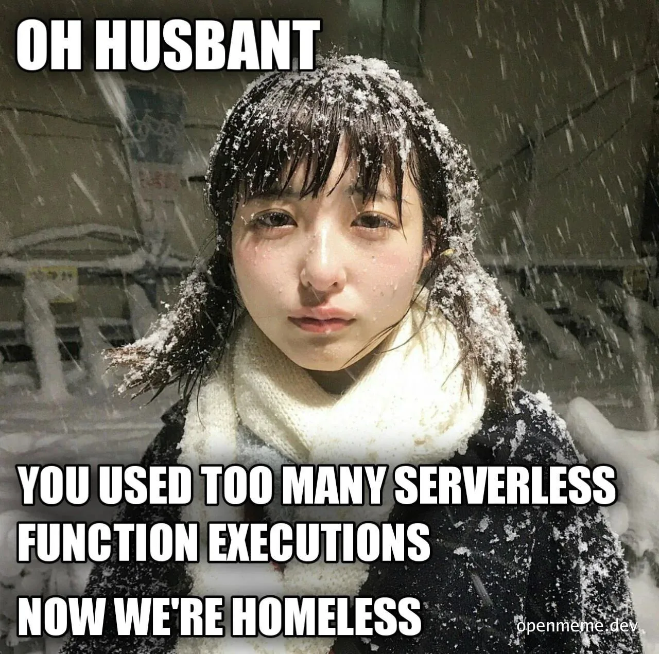 snowy woman looking concerned with text about serverless function executions